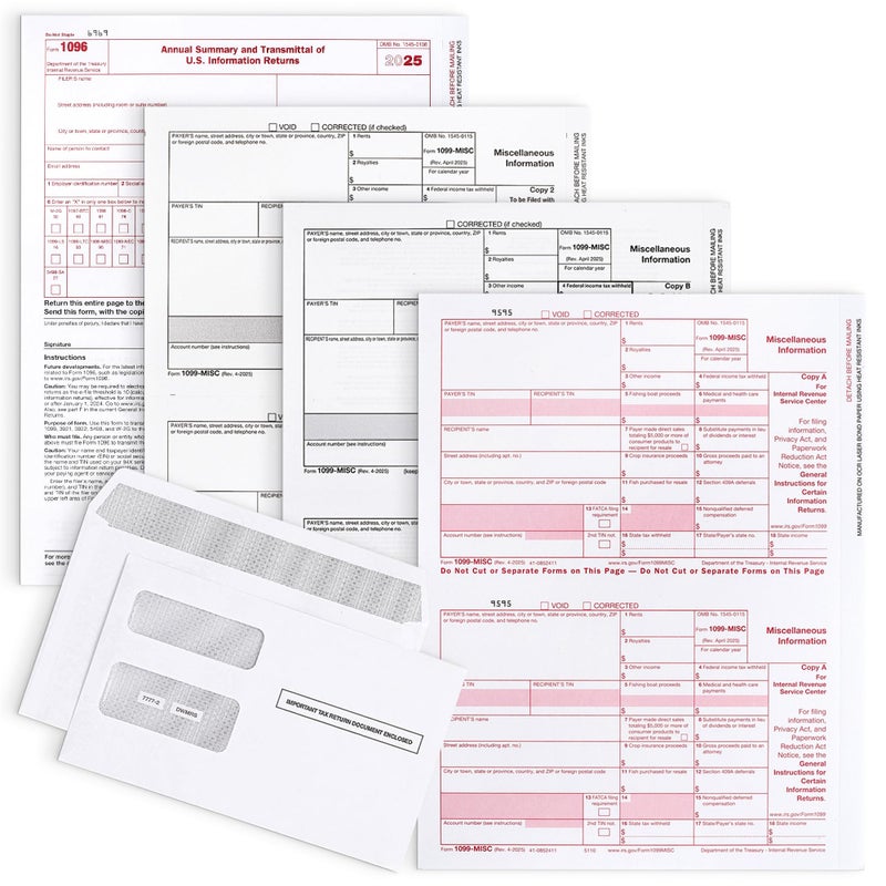 Dutymark 1099 MISC Forms 2025, 3 Part Tax Forms Kit, 50 Vendor Kit of Laser Forms, Compatible with QuickBooks and Accounting Software, 50 Self Seal Envelopes Included - Image 1
